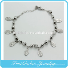 Bijoux en acier inoxydable Huit Vierge Marie Médaille Charme Religion Perle Womens Ankle Bracelet